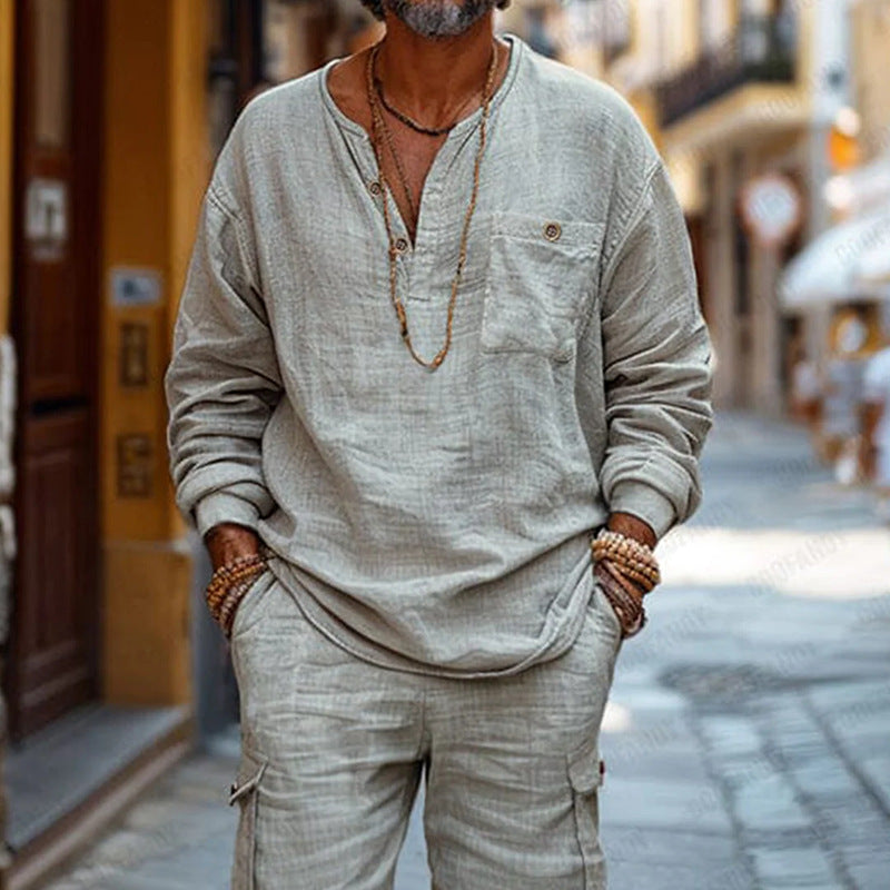 Men's Cotton And Linen Vacation Casual Shorts Long-Sleeved Two-Piece Set MTA2109D3X