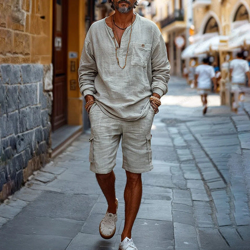 Men's Cotton And Linen Vacation Casual Shorts Long-Sleeved Two-Piece Set MTA2109D3X