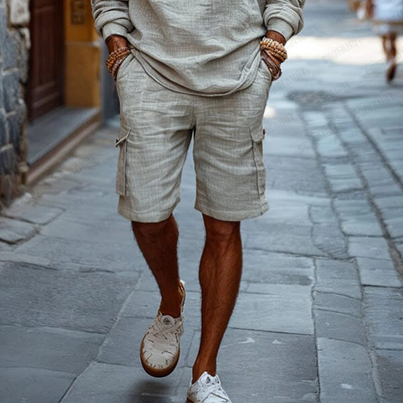Men's Cotton And Linen Vacation Casual Shorts Long-Sleeved Two-Piece Set MTA2109D3X