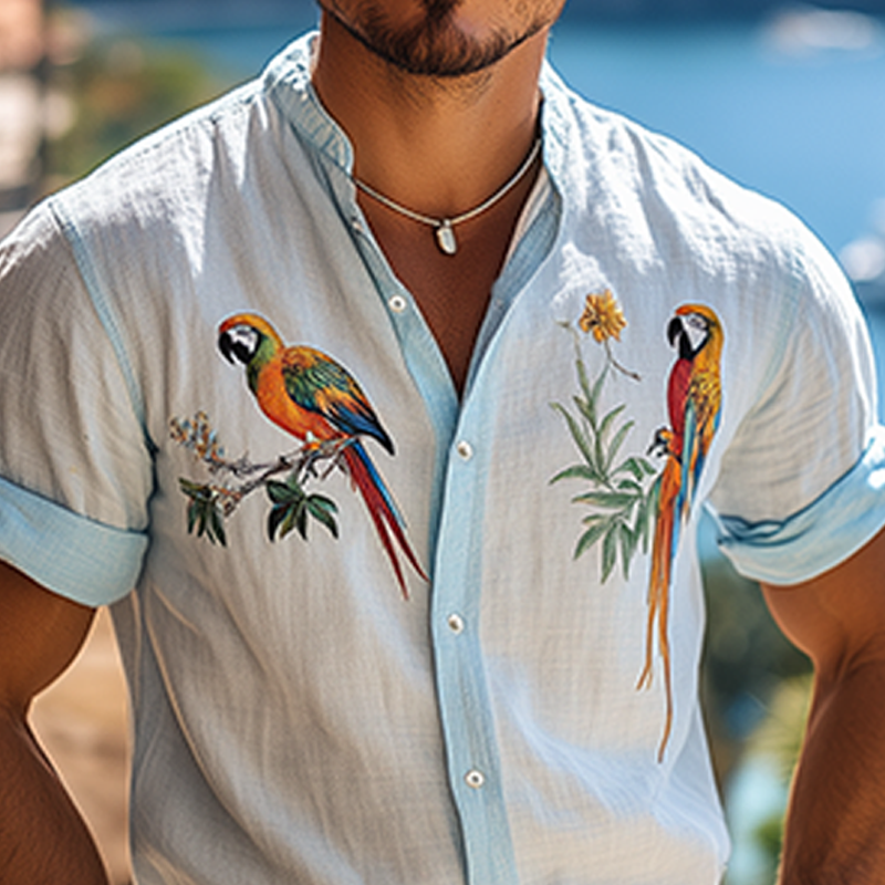 Men's Summer Fashion Hawaiian Style Woodpecker Embroidery Cotton and Linen Short Sleeve Shirt MTA2123D5K