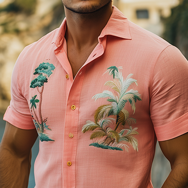 Men's Summer Fashion Hawaiian Style Embroidered Slim Fit Cotton and Linen Short Sleeve Shirt MTA2117D2K