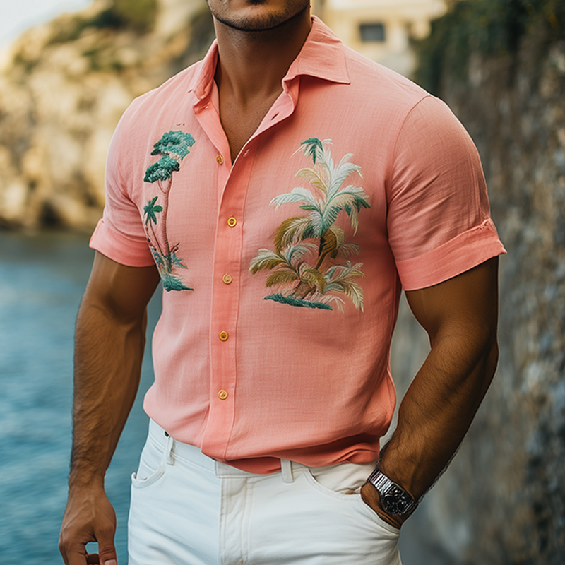 Men's Summer Fashion Hawaiian Style Embroidered Slim Fit Cotton and Linen Short Sleeve Shirt MTA2117D2K