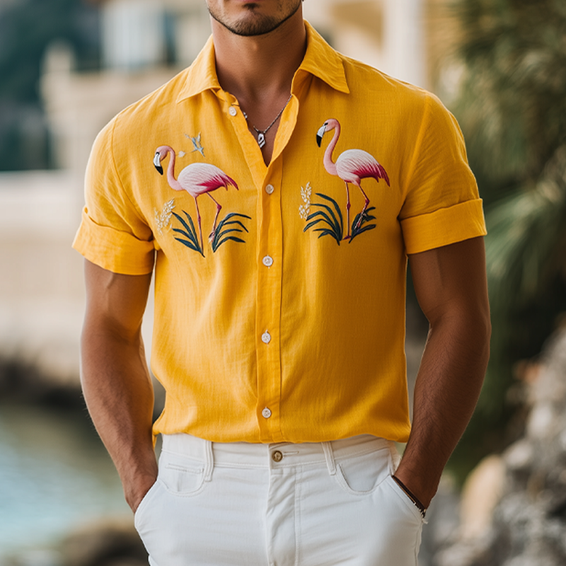 Men's Summer Fashion Hawaiian Style Flamingo Embroidery Cotton and Linen Short Sleeve Shirt MTA2186D2K