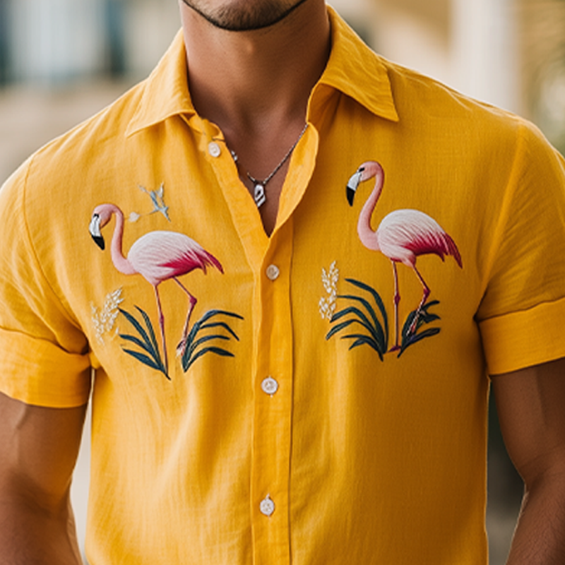 Men's Summer Fashion Hawaiian Style Flamingo Embroidery Cotton and Linen Short Sleeve Shirt MTA2186D2K