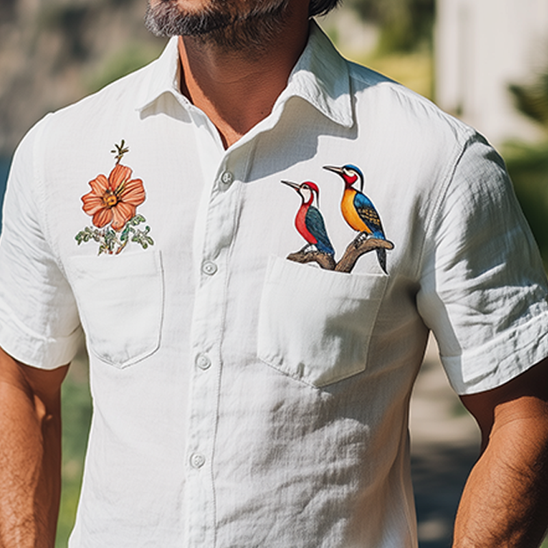 Men's Summer Fashion Hawaiian Style Woodpecker Flower Embroidery Cotton and Linen Short Sleeve Shirt MTA2101D9K