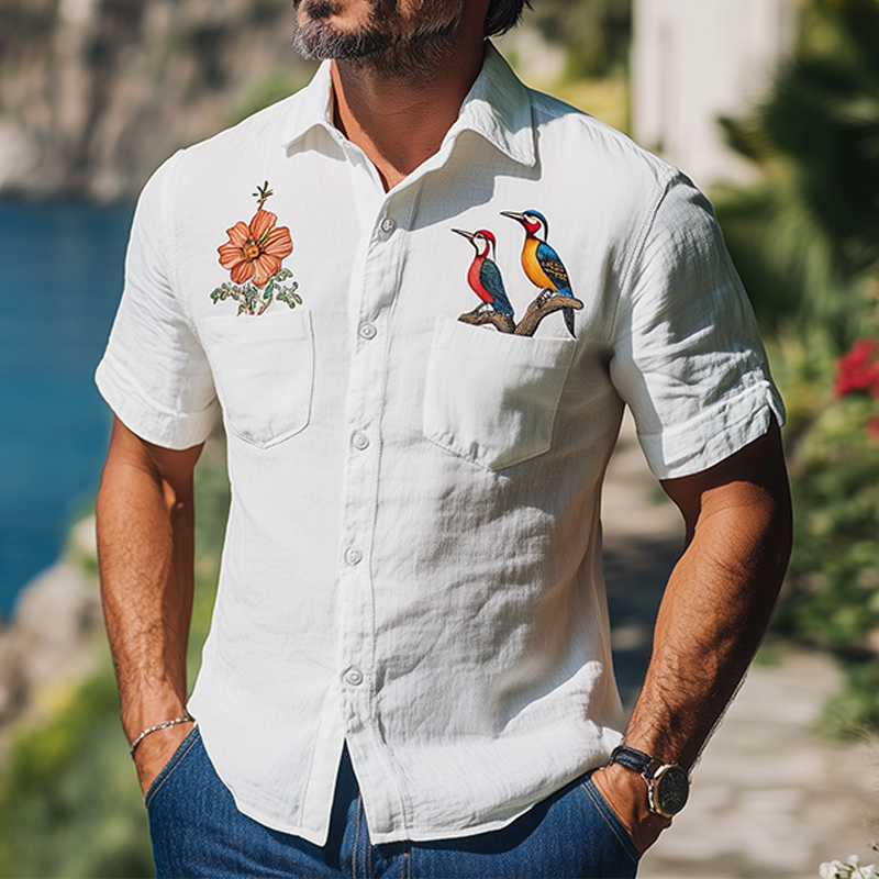 Men's Summer Fashion Hawaiian Style Woodpecker Flower Embroidery Cotton and Linen Short Sleeve Shirt MTA2101D9K