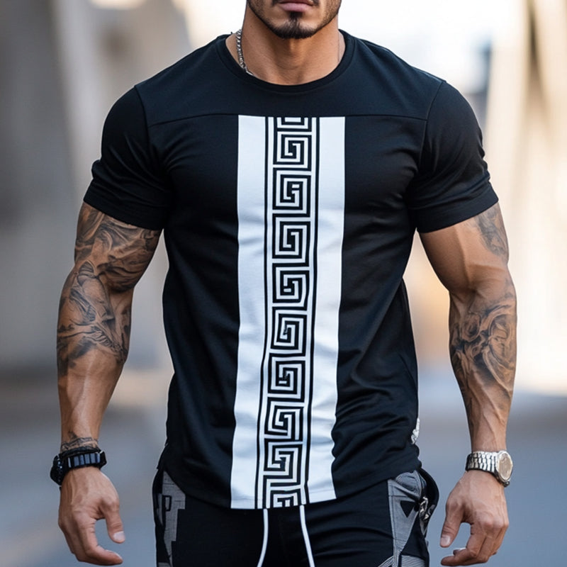 Men's Casual Greek Key Printed Round Neck Short Sleeve T-Shirt MTA2128D4TO