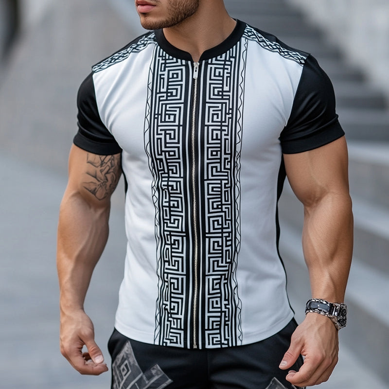 Men's Casual Greek Key Print Zippered Crew Neck Short Sleeve T-Shirt MTA2104D0TO
