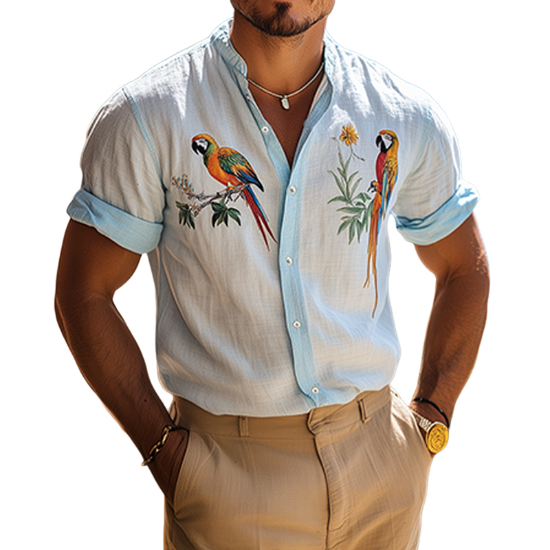 Men's Summer Fashion Hawaiian Style Woodpecker Embroidery Cotton and Linen Short Sleeve Shirt MTA2123D5K