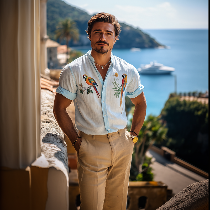 Men's Summer Fashion Hawaiian Style Woodpecker Embroidery Cotton and Linen Short Sleeve Shirt MTA2123D5K