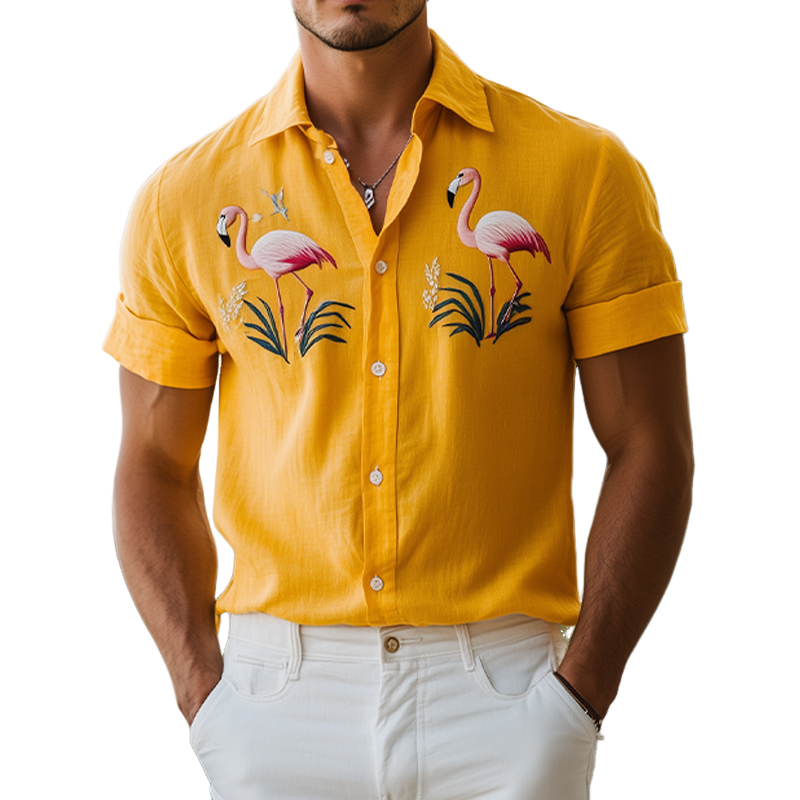 Men's Summer Fashion Hawaiian Style Flamingo Embroidery Cotton and Linen Short Sleeve Shirt MTA2186D2K
