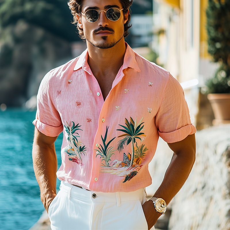 Men's Summer Fashion Hawaiian Style Exquisite Embroidered Cotton and Linen Short Sleeve Shirt MTA2192D3K