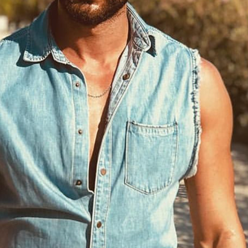 Men's Retro Casual Washed Denim Lapel Sleeveless Shirt MTA1611D6TO