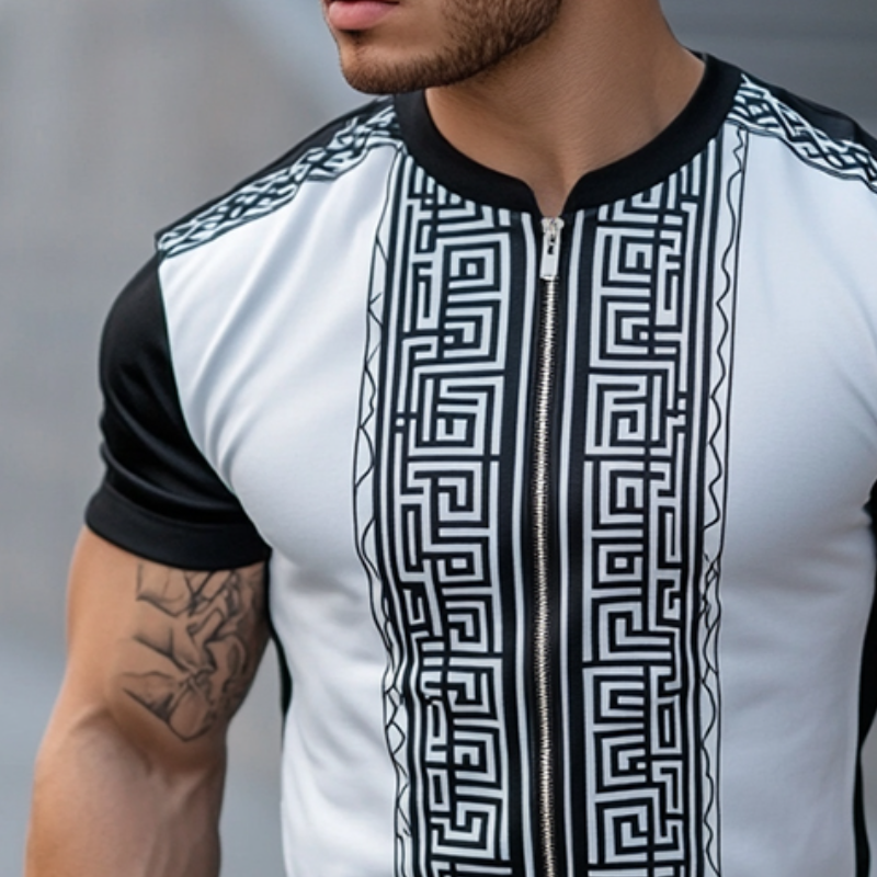 Men's Casual Greek Key Print Zippered Crew Neck Short Sleeve T-Shirt MTA2104D0TO