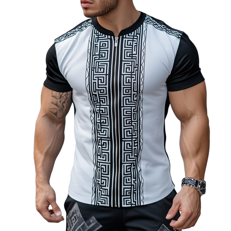Men's Casual Greek Key Print Zippered Crew Neck Short Sleeve T-Shirt MTA2104D0TO