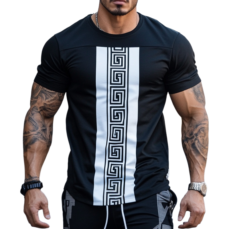 Men's Casual Greek Key Printed Round Neck Short Sleeve T-Shirt MTA2128D4TO