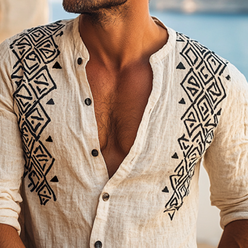 Men's Retro Casual Ethnic Totem Printed Linen Stand Collar Long Sleeve Shirt MTA2183D3TO