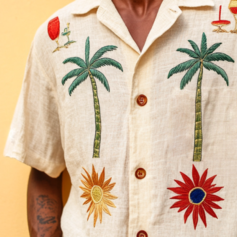 Men's Retro Casual Beach Coconut Tree Embroidery Linen Lapel Short Sleeve Shirt MTA2126D8TO