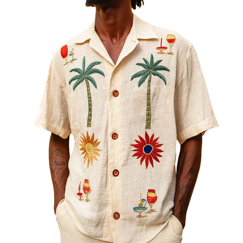 Men's Retro Casual Beach Coconut Tree Embroidery Linen Lapel Short Sleeve Shirt MTA2126D8TO