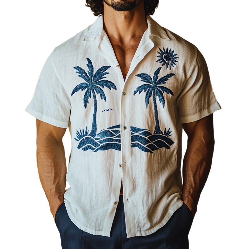 Men's Retro Casual Beach Coconut Tree Embroidery Linen Lapel Short Sleeve Shirt MTA2169D5TO