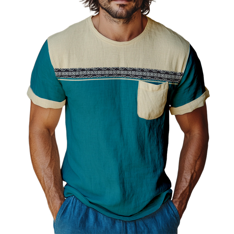 Men's Retro Casual Colorblock Printed Linen Round Neck Short Sleeve T-Shirt MTA2197D1TO