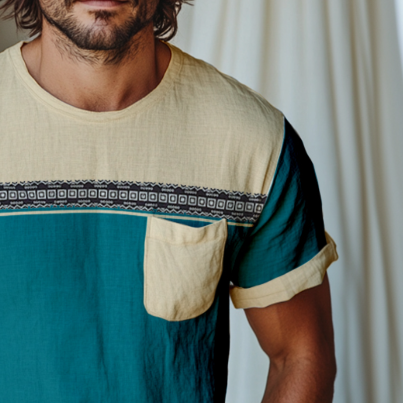 Men's Retro Casual Colorblock Printed Linen Round Neck Short Sleeve T-Shirt MTA2197D1TO