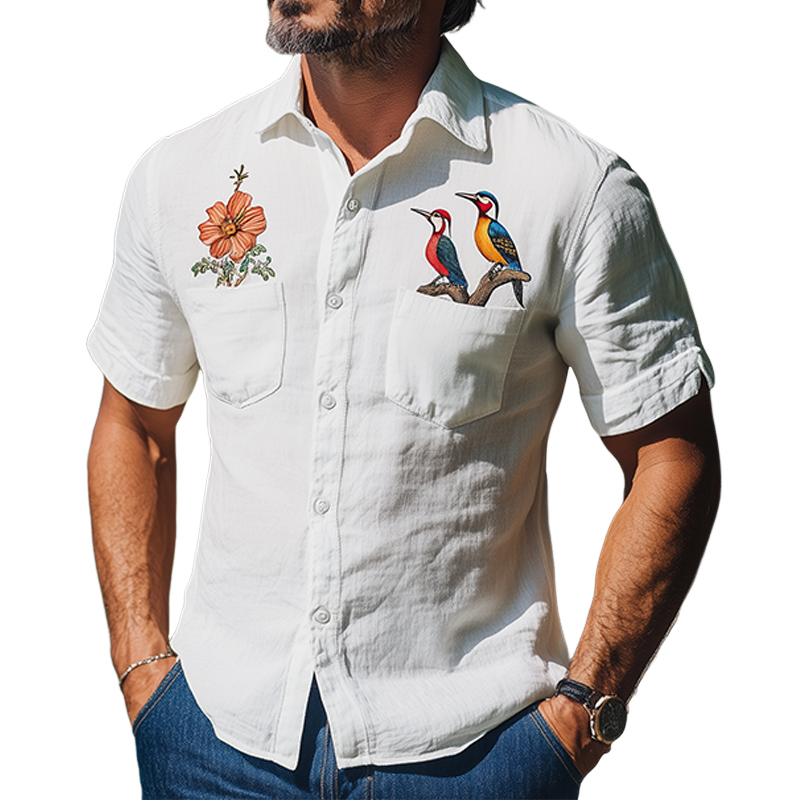 Men's Summer Fashion Hawaiian Style Woodpecker Flower Embroidery Cotton and Linen Short Sleeve Shirt MTA2101D9K