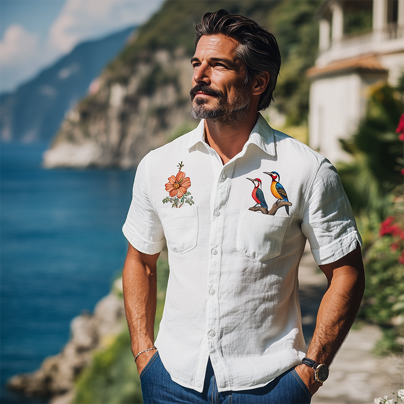 Men's Summer Fashion Hawaiian Style Woodpecker Flower Embroidery Cotton and Linen Short Sleeve Shirt MTA2101D9K