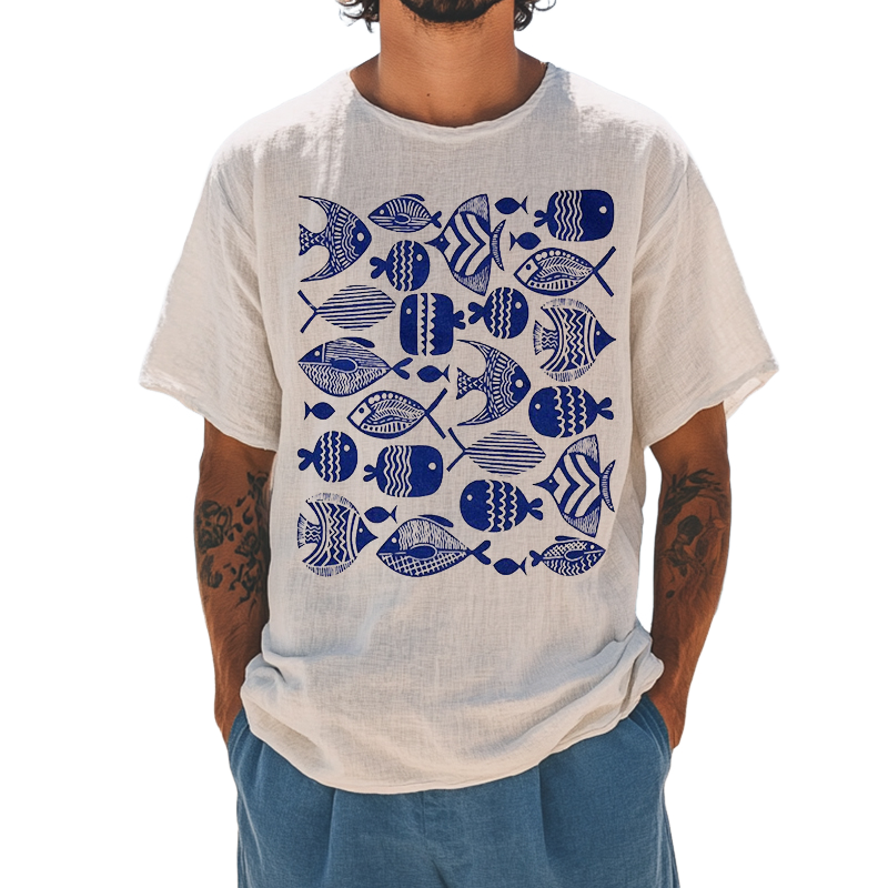 Men's Retro Casual Ocean Print Linen Round Neck Short Sleeve T-Shirt MTA2118D4TO