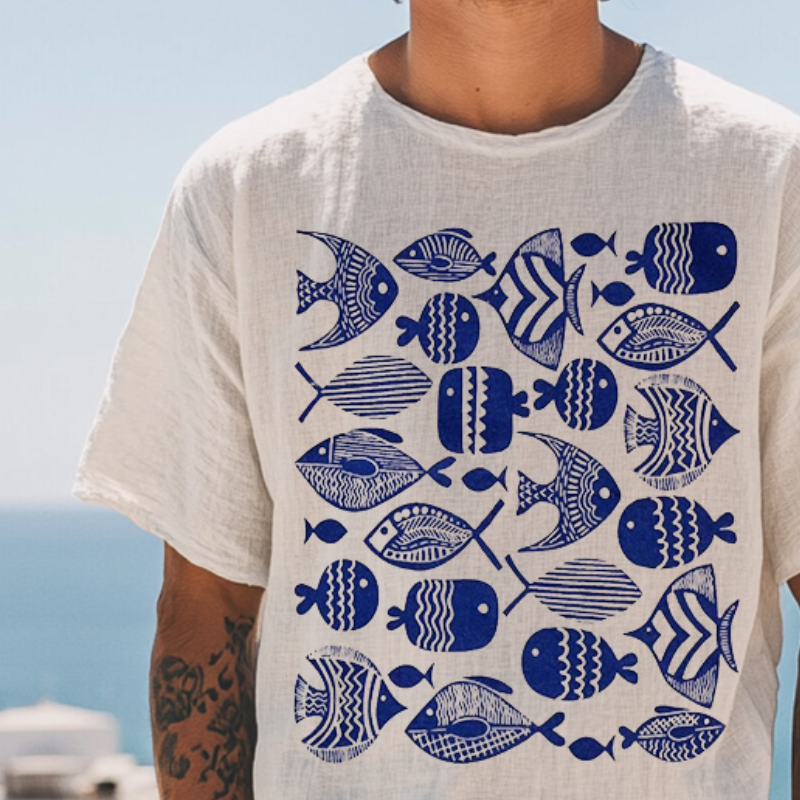 Men's Retro Casual Ocean Print Linen Round Neck Short Sleeve T-Shirt MTA2118D4TO