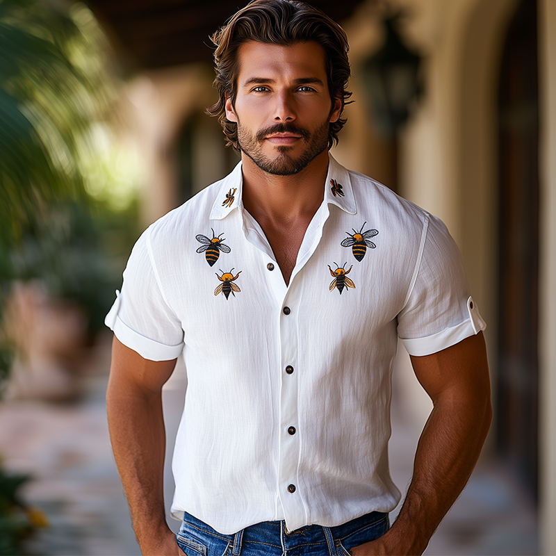 Men's Summer Fashion Hawaiian Style Bee Embroidery Cotton and Linen Short Sleeve Shirt MTA2129D3K