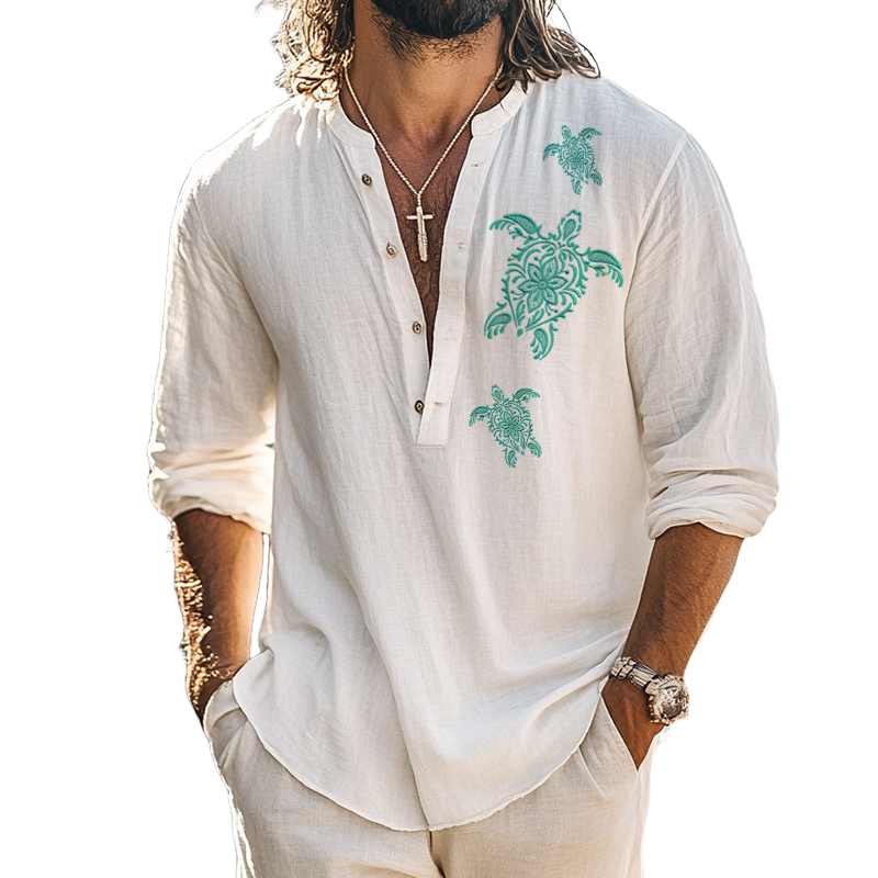 Men's Vintage Casual Turtle Embroidery Henley Collar Long Sleeve Shirt MTA2173D1TO