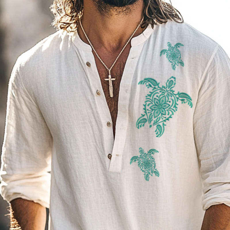 Men's Vintage Casual Turtle Embroidery Henley Collar Long Sleeve Shirt MTA2173D1TO