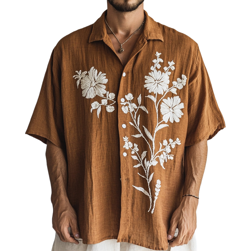 Men's Casual Floral Embroidery Linen Lapel Short Sleeve Shirt MTA2173D5TO
