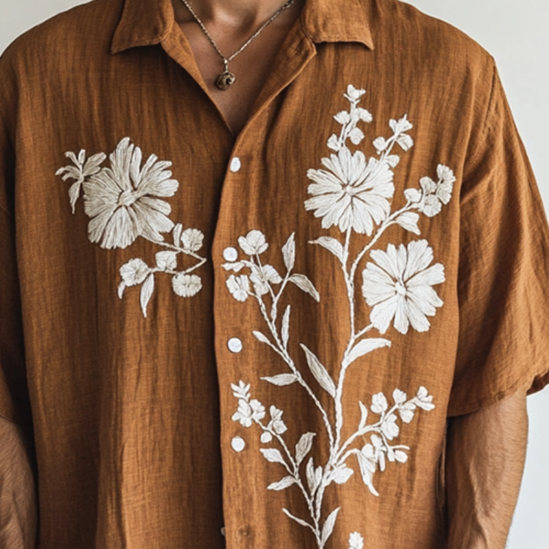 Men's Casual Floral Embroidery Linen Lapel Short Sleeve Shirt MTA2173D5TO