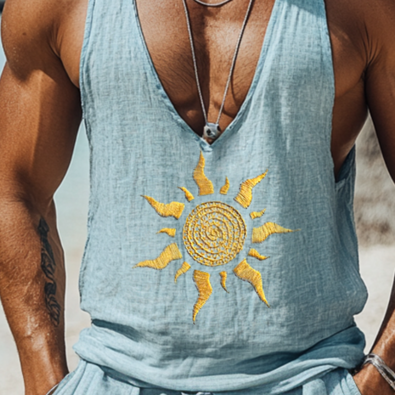 Men's Vintage Casual Beach Sun Embroidery Linen V-Neck Tank Top MTA2174D7TO