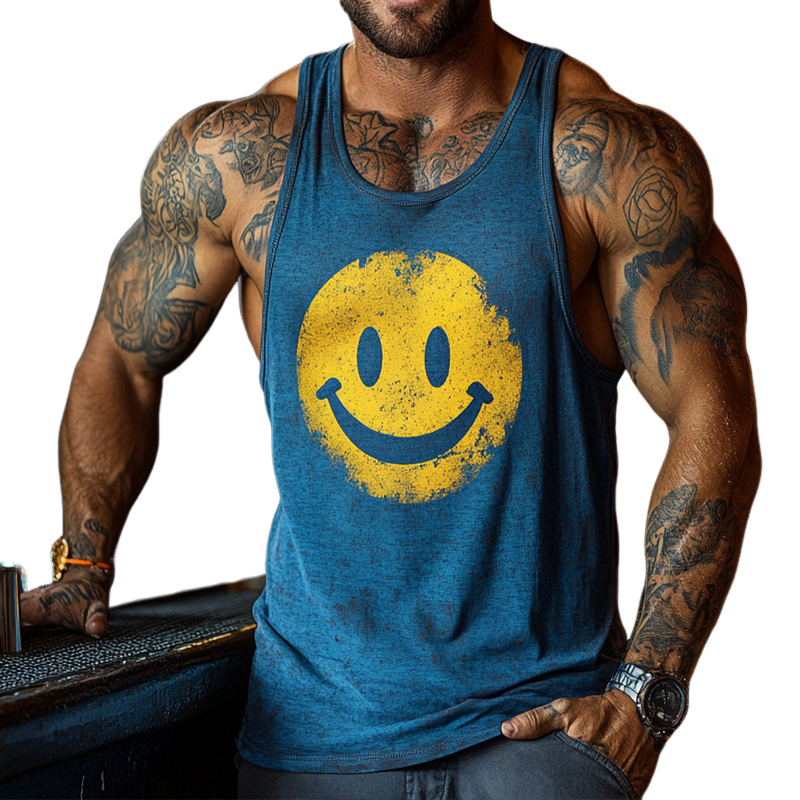 Men's Retro Casual Smiley Face Printed Crew Neck Tank Top MTA2101D9TO