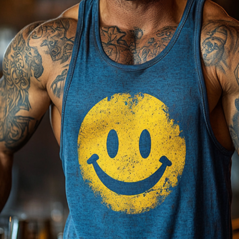 Men's Retro Casual Smiley Face Printed Crew Neck Tank Top MTA2101D9TO