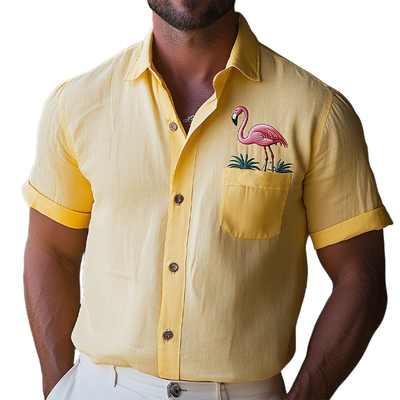Men's Summer Fashion Hawaiian Style Pocket Flamingo Embroidery Cotton and Linen Short Sleeve Shirt MTA2165D5K