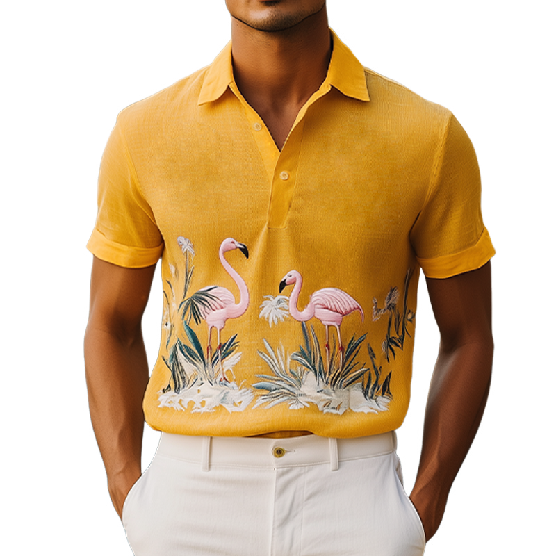 Men's Summer Fashion Hawaiian Style Flamingo Embroidered Cotton and Linen Short Sleeve Polo Shirt MTA2123D9K