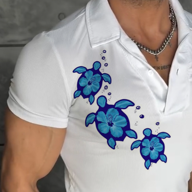 Men's Retro Casual Turtle Print Lapel Short Sleeve T-Shirt MTA2133D6TO