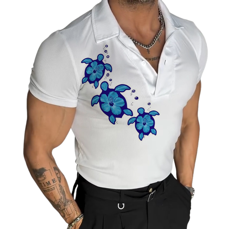 Men's Retro Casual Turtle Print Lapel Short Sleeve T-Shirt MTA2133D6TO