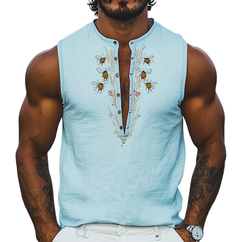 Men's Summer Fashion Deep V Neck Bee and Flower Embroidered Cotton and Linen Tank Top MTA2175D9K