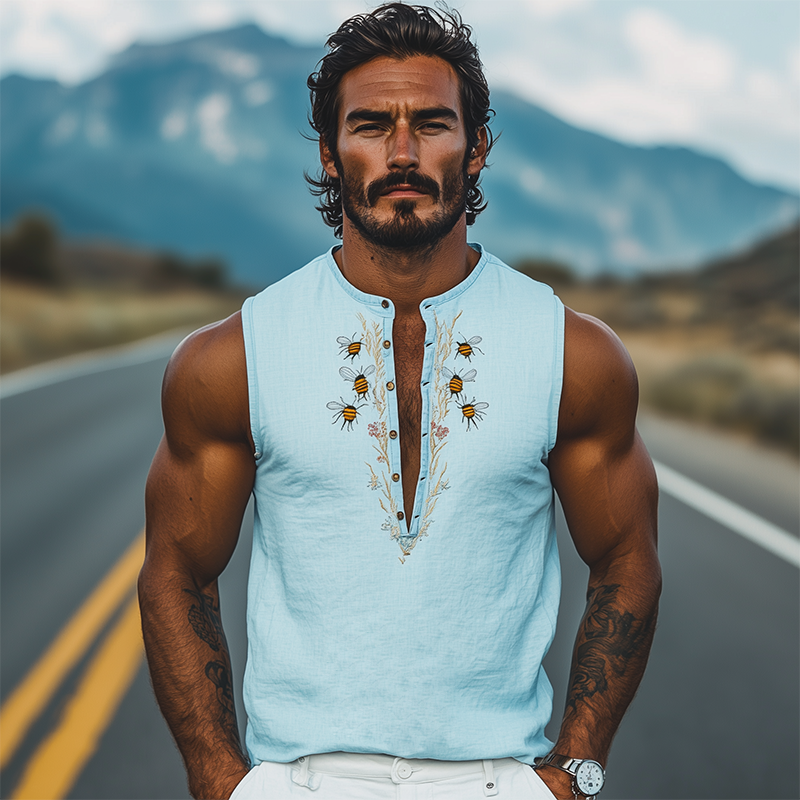 Men's Summer Fashion Deep V Neck Bee and Flower Embroidered Cotton and Linen Tank Top MTA2175D9K