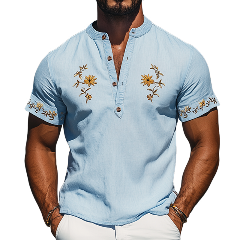 Men's Summer Fashion Henley Collar Flower Embroidery Cotton and Linen Short Sleeve T-shirt MTA2133D2K
