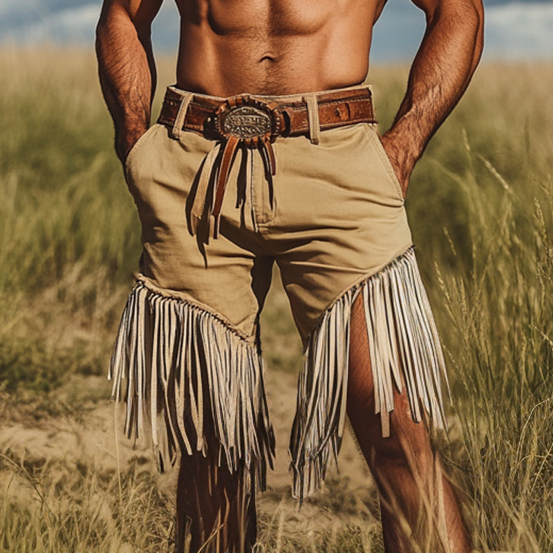 Men's Khaki Western Denim Style Fringe Shorts MTA2191D4U