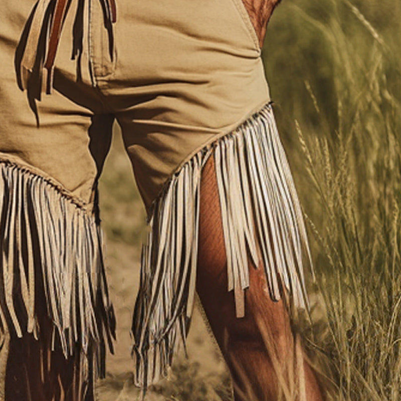 Men's Khaki Western Denim Style Fringe Shorts MTA2191D4U