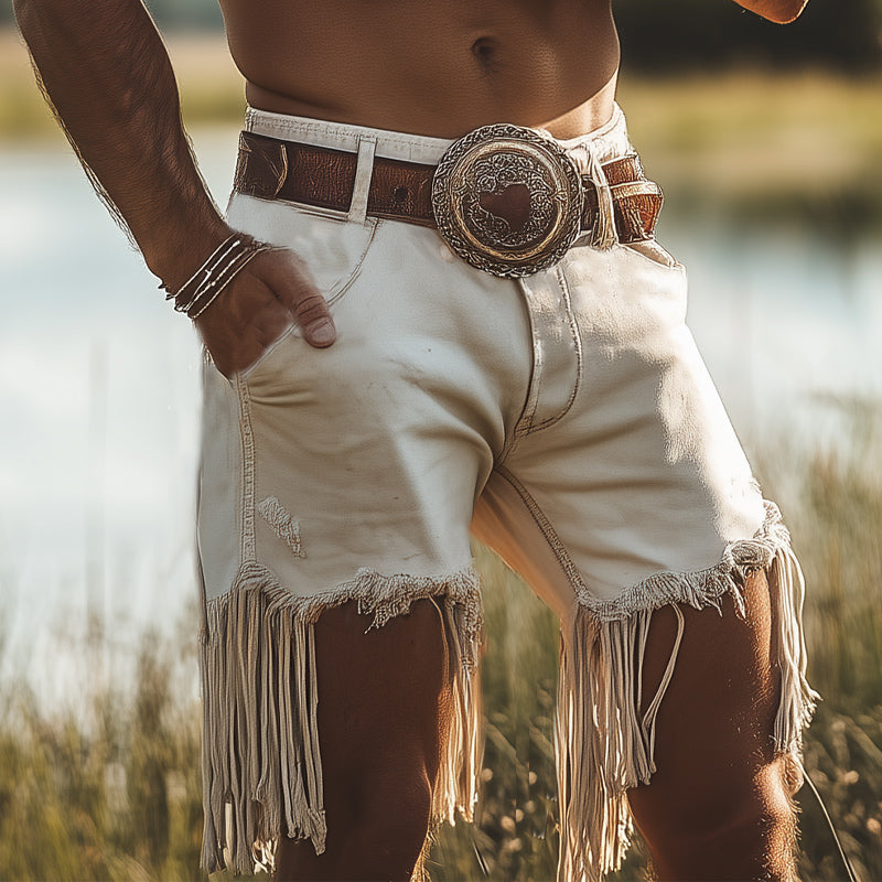 Men's Western Cowboy Style Vintage Denim Fringe Shorts MTA2262D9U
