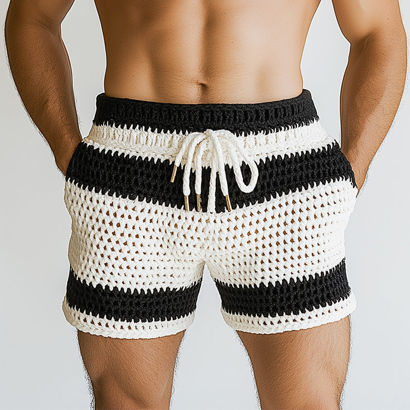 Men's Summer Striped Hollow Breathable Comfortable Knitted Shorts MTA2279D9P