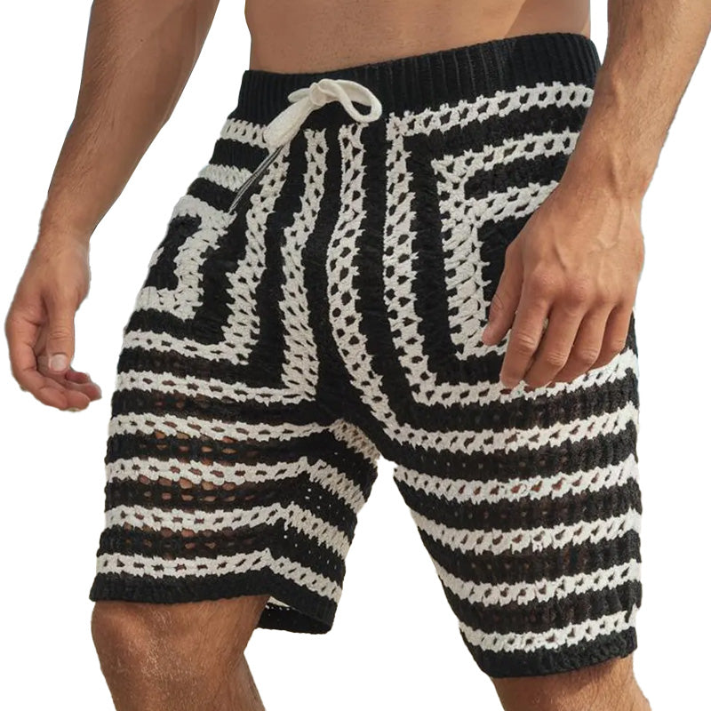 Men's Summer Fashion Hollow Breathable Black and White Knitted Shorts MTA2224D5P